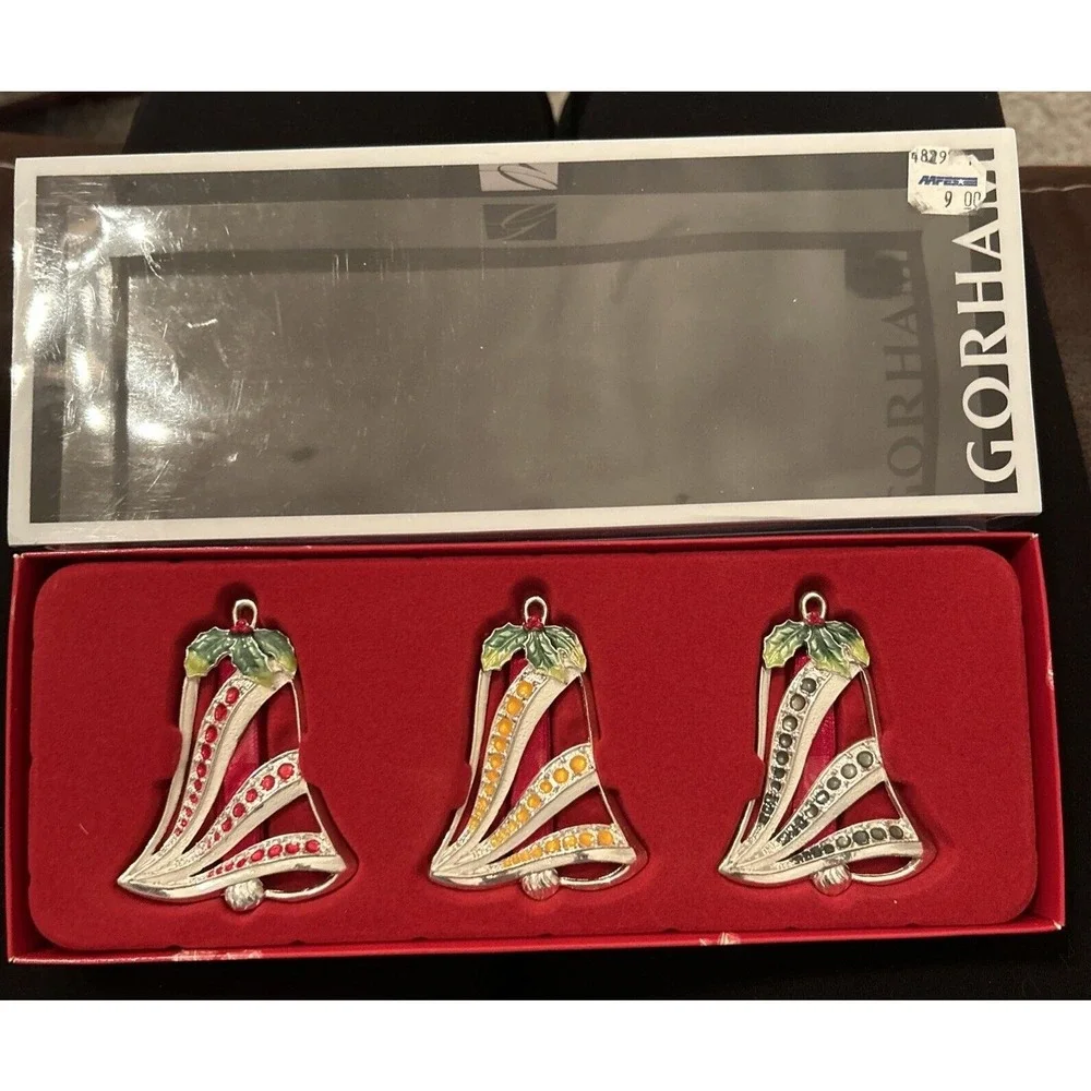 Gorham Silver Bells Red‎ Blue Yellow Christmas Ornaments -All three